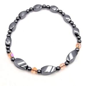 Hematite Beaded Handmade Stretch‎ Bracelet with Pink Glass Bead Accents